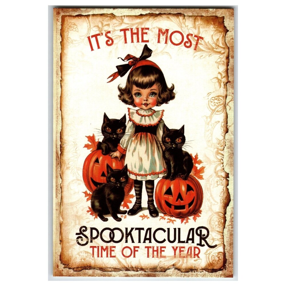Vintage Style Halloween Postcard Girl Black Cats Pumpkins Spooktacular JOL